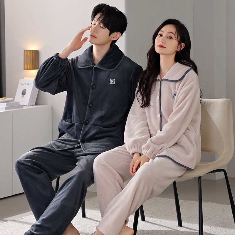 冬季珊瑚绒睡衣情侣男女士长袖开衫加绒加厚法兰绒保暖家居服套装
