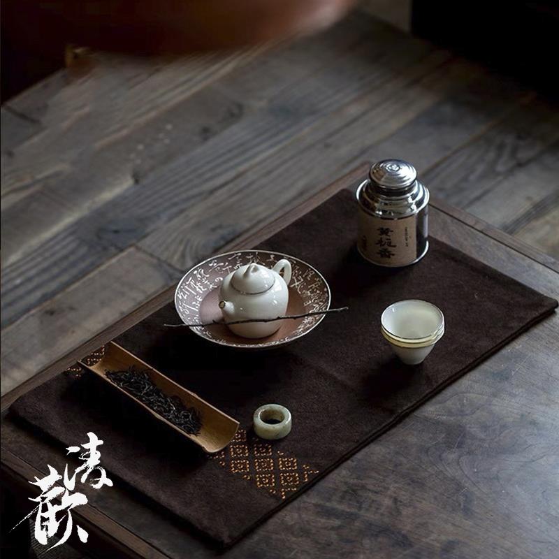 清欢丨复古棉麻茶席刺绣赶跑席 禅意扎染帆布桌旗茶桌布 茶道配件