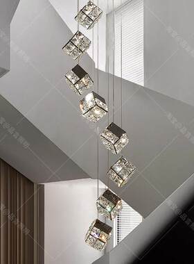 魔方楼梯吊灯loft复式楼旋转楼梯间轻奢别墅挑空客厅艺术水晶吊灯