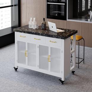 厨房餐柜可移动中岛台大理石备餐桌操作台开 放式吧台抽屉收纳柜