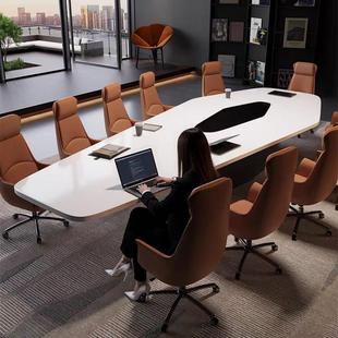 实木白色10人会议桌办公室接待桌椅组合大型工作台轻奢高级感