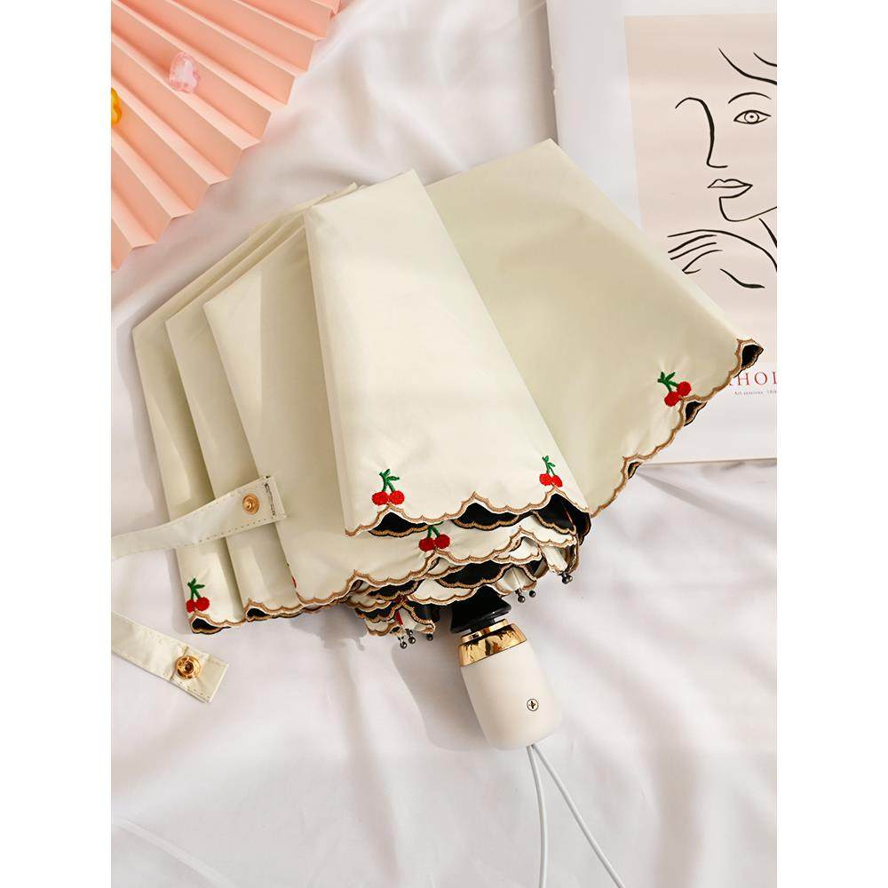 樱桃绣花全自动七折伞加厚乙烯基防晒和紫外线保护妇女阳光或雨天