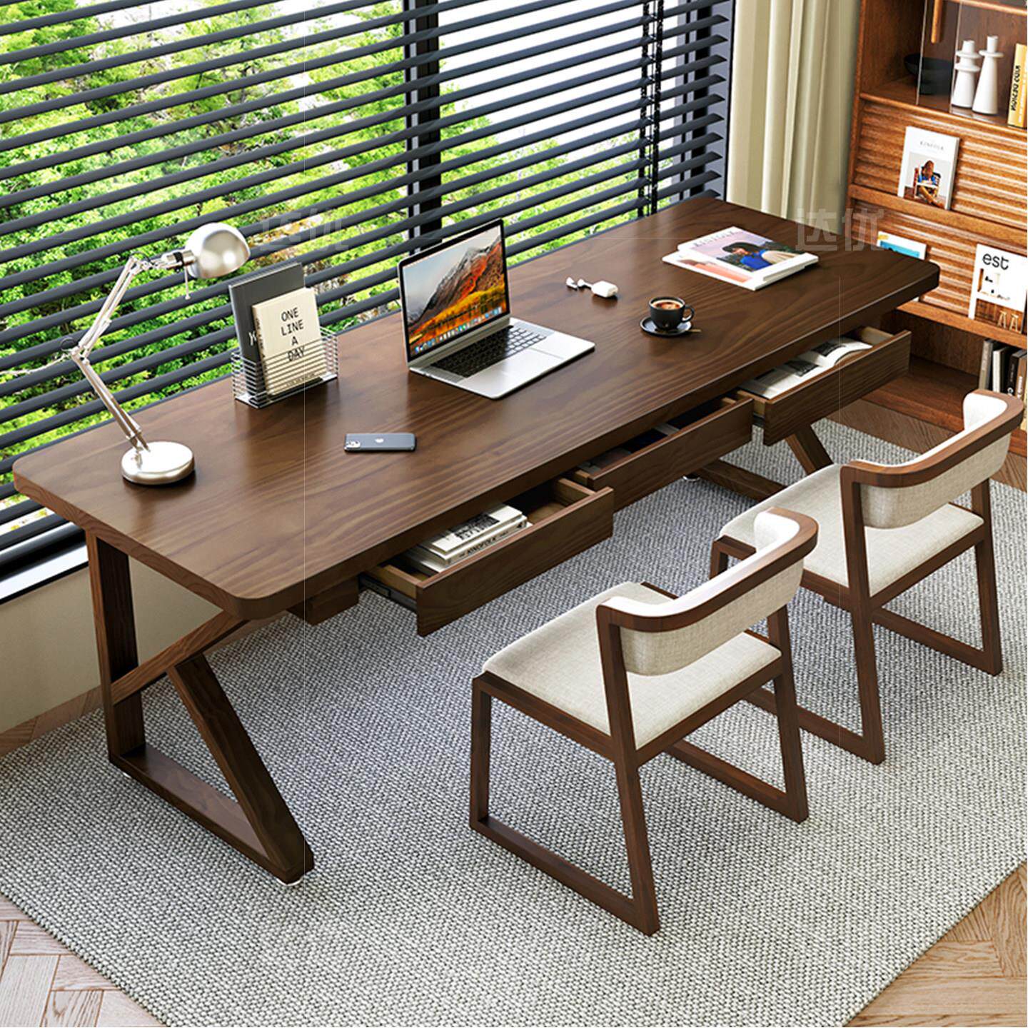 纯实木书桌电脑桌台式家用带抽屉学习书桌双人工作台靠墙电竞桌