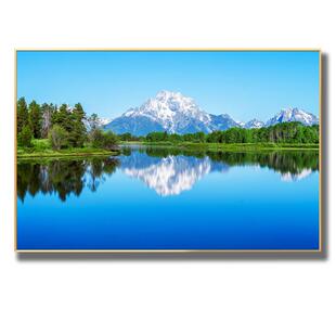 平静湖面山水画雪山高山树林挂画树木大自然风水画湖泊森林绿意