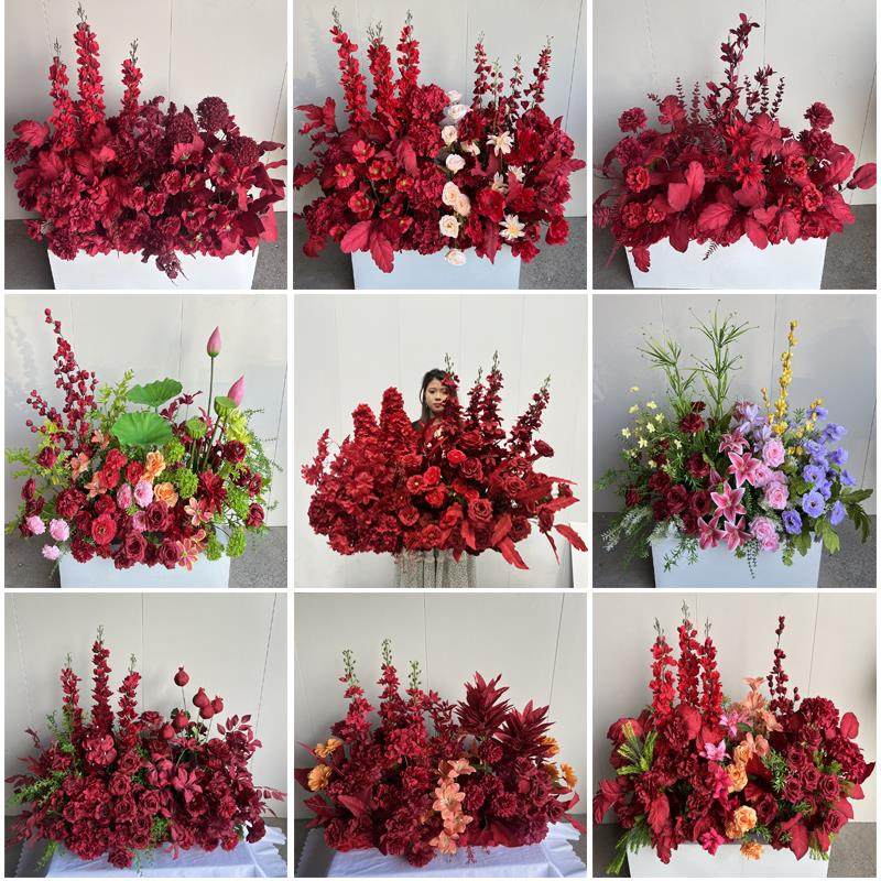 婚庆地排花红色中式订婚宴布置婚礼堂舞台路引花婚庆绢花排彷真花