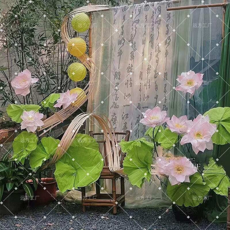网红仿真荷花荷叶纸艺花摆件夏季服装店橱窗房地产4s店成品花美陈