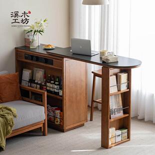 溪木工坊实木吧台小户型客厅伸缩岛台餐柜一体柜岩板玄关收纳柜