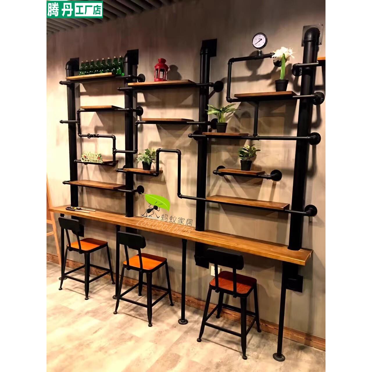 loft覆古实木铁艺创意水管置物架装饰书架墙上壁挂展示架隔板