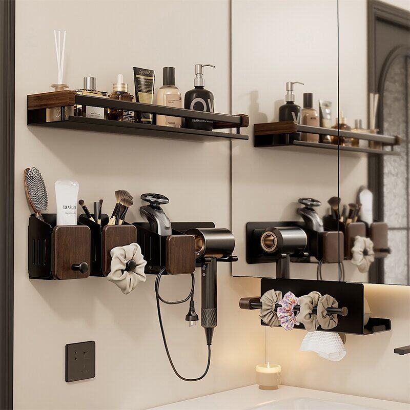 胡桃木浴室置物架免打孔卫生间吹风机梳子化妆刷收纳洗漱台壁挂架