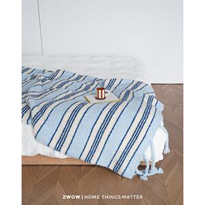 4.15新品#造卧zwow含绵羊毛混纺手工编辫盖毯沙发披肩蓝色条纹