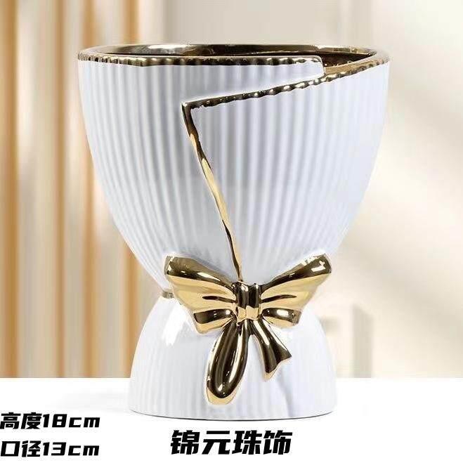 蝴蝶结陶瓷花瓶白色手工稻穗专用花瓶新中式轻奢风网红简约花器