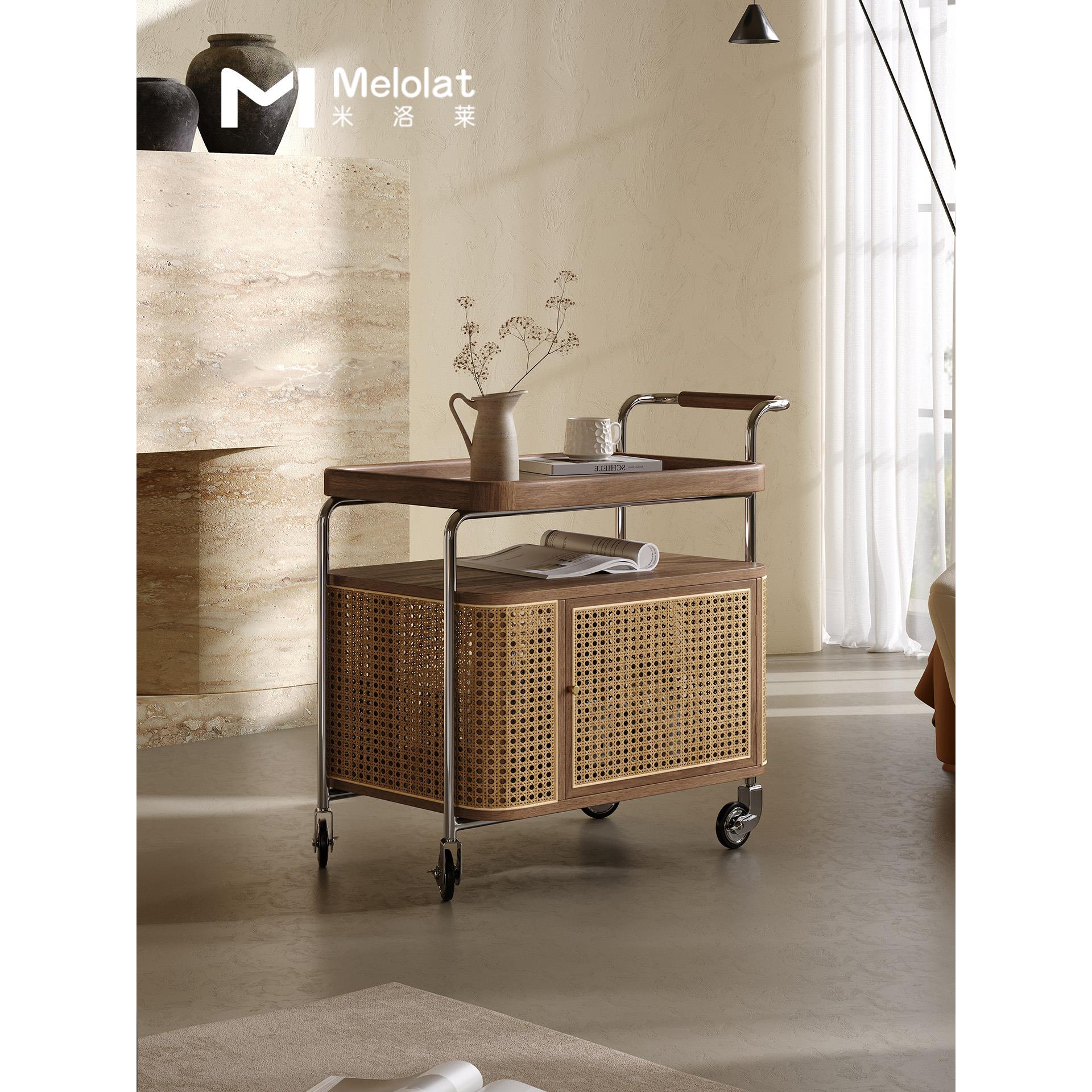 Melolat中古风边几黑胡桃木藤编小推车收纳客厅可移动沙发小茶几
