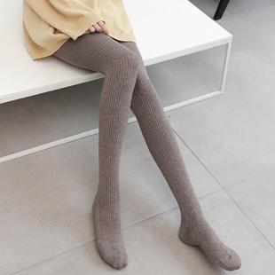 秋冬打底裤 加厚保暖 灰色竖条纹 简约风格 羊毛加绒连裤 女连裤 袜