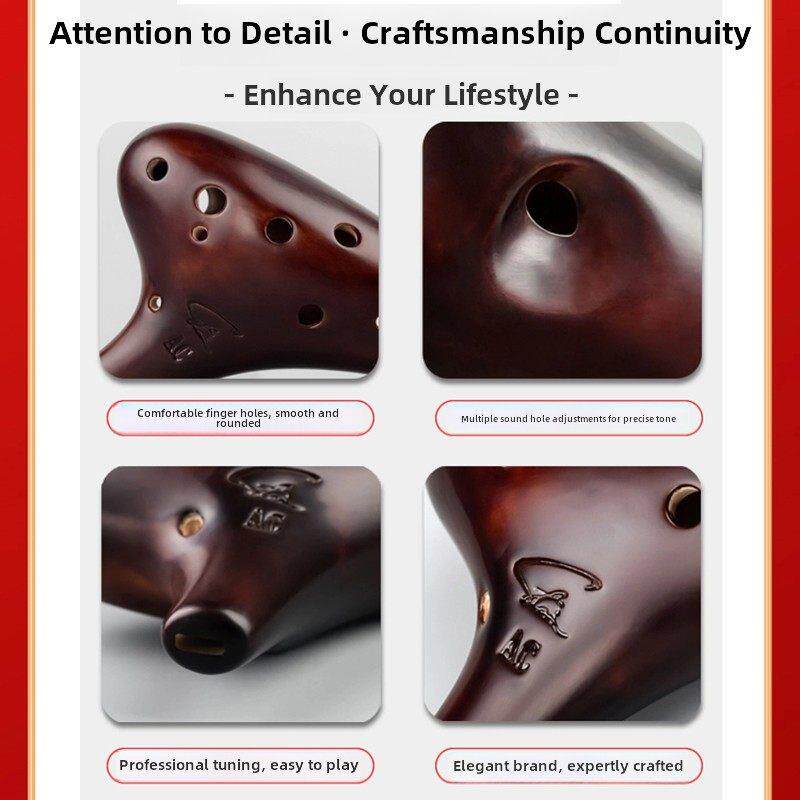 风雅陶笛 12孔AC陶笛田园风中音c调十二孔熏烧专业型手绘裂纹初学