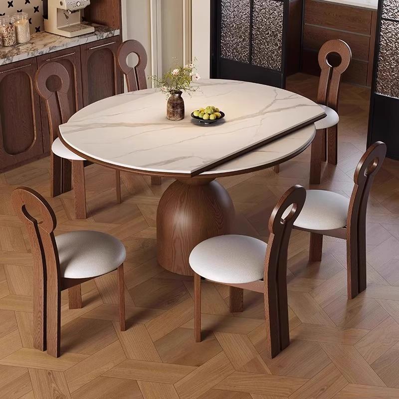 高端中世纪风格可伸缩石板餐桌可变圆桌家庭小公寓覆古折叠实木餐