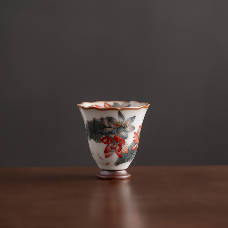 国风复古红莲花形陶瓷茶杯品茶杯家用个人喝茶单杯主人杯功夫茶具