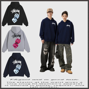 瑞斯图西加绒卫衣STU美式骰子图案连帽卫衣宽松休闲套头卫衣男女