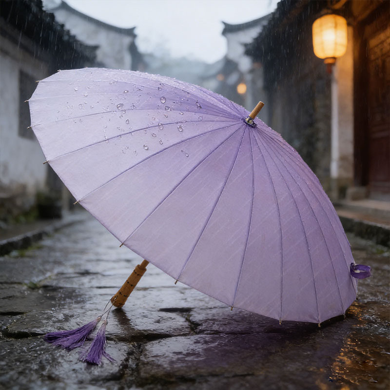 宋式美学紫色流苏长柄伞24骨防风晴雨伞木质手柄古典文艺复古伞