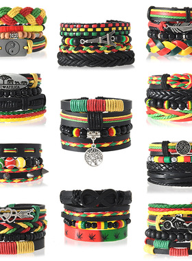 2025夏新款TEMU希音波西米亚复古风男女通用皮革编织手链饰品