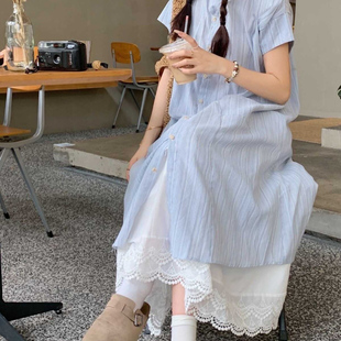 海边度假风气质宽松显瘦A字裙 法式 甜美条纹短袖 衬衫 连衣裙女夏季