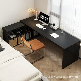 黑色实木L型转角桌书柜一体电脑桌卧室家用电竞桌子学生窗边书桌