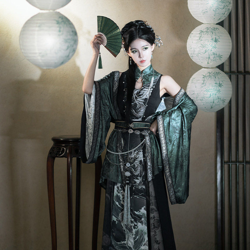 汉服女款新中式改良汉元素宋裤国风汉服上衣墨绿外衫汉服套装春秋