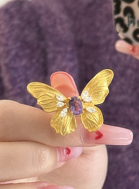 小红书爆款爆闪轻奢紫钻蝴蝶戒指古法Vintage复古紫宝鸽子蛋指环