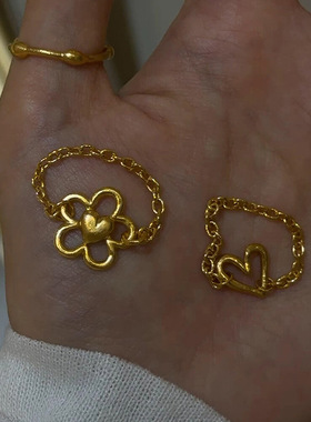 小红书同款古巴链条线条爱心戒指女链条食指戒指环简约款