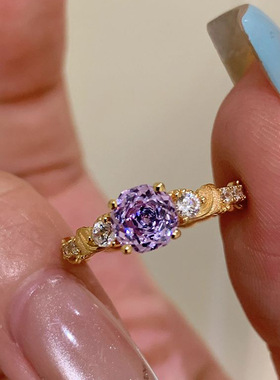 小红书爆款紫钻玫瑰花藤戒指时尚轻奢切花面中古宫廷风拉丝指环女