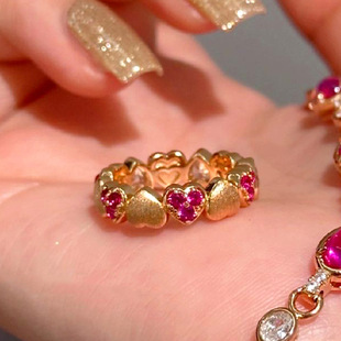 小红书爆款春日爱心戒指女糖果甜心复古拉丝桃心爆闪红刚玉指环