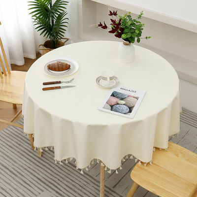 新款素色防水防油桌布tpu覆膜棉麻圆桌布高级感流苏边家用圆台布