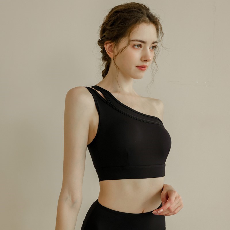 运动背心内衣女单肩瑜伽服带胸垫健身上衣女黑色文胸套装健身服女