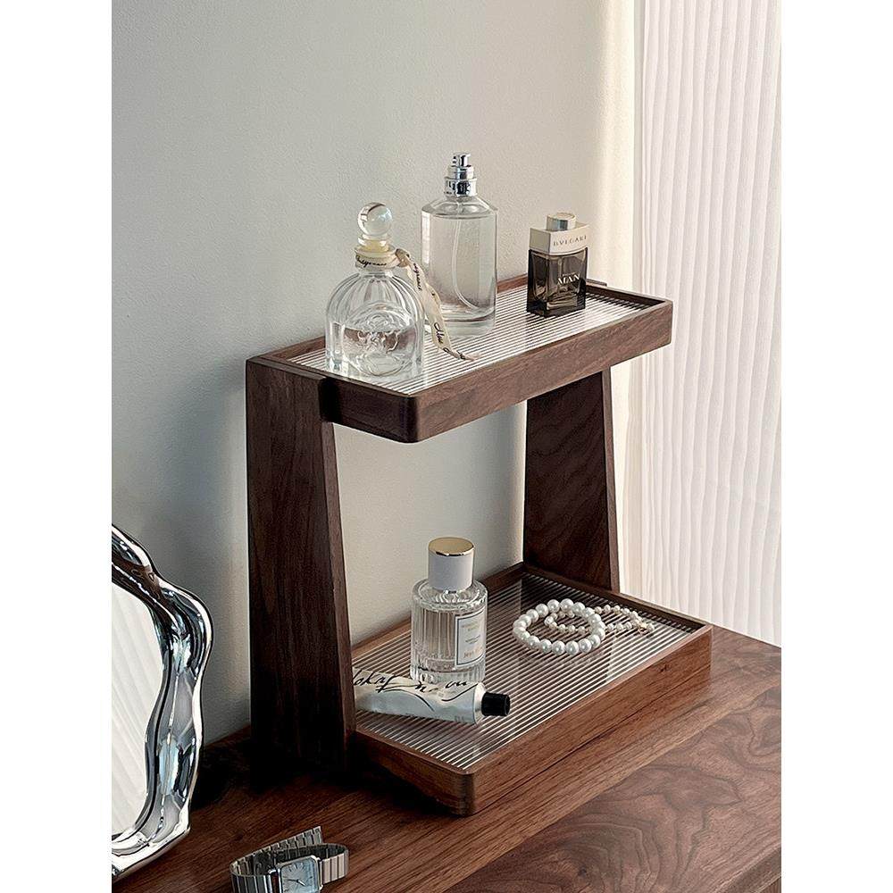 素风黑胡桃实木桌面化妆品收纳盒高级感多层杯架梳妆台香水置物架