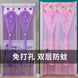 蕾丝飘纱门帘卧室布艺家用夏季 饰隔断帘 防蚊纱帘双层免打孔四季 装