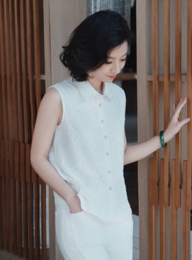 西子/【凌霄花】经典气质重工蕾丝翻领高级白色无袖上衣/SYTJ0894