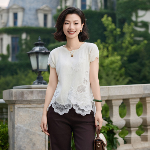 羊毛混纺温柔蕾丝绣花针织短袖女