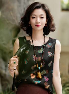 西子/【七彩葫芦】非遗红云纱24姆米桑蚕丝祥纹黑色背心/DDTJ284