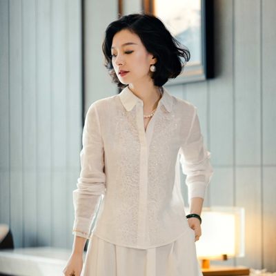 雨露麻重工刺绣翻领长袖衬衫女士