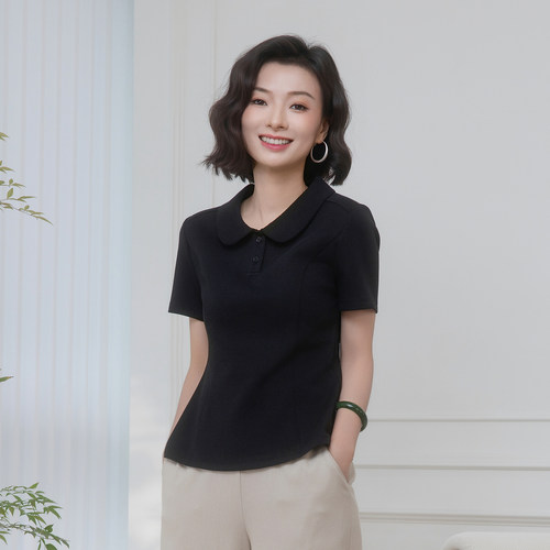 棉感空气层娃娃领通勤短袖T恤女