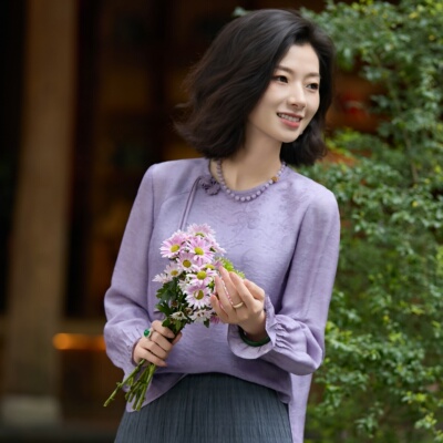 交织桑波缎提花盘扣紫色上衣女士