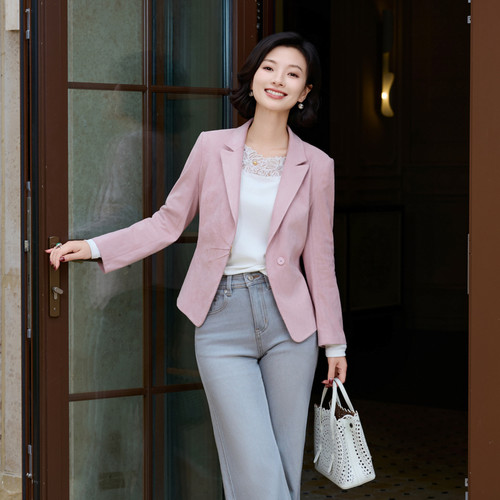 仿麂皮绒枪驳领毛流感西装外套女