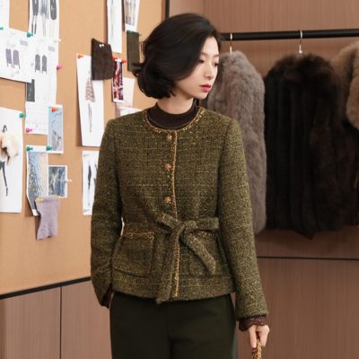 羊毛小香风粗花呢腰带收腰外套女