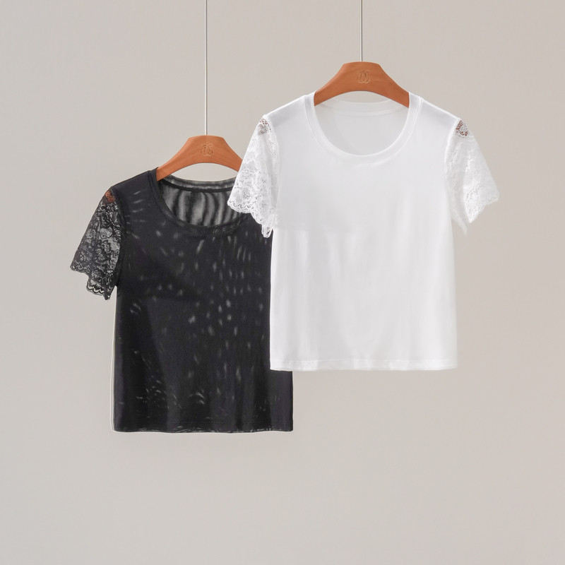 蕾丝拼接袖口圆领正肩短袖T恤女