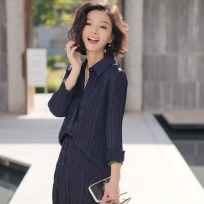 高温压褶松紧高腰衬衣半裙套装女