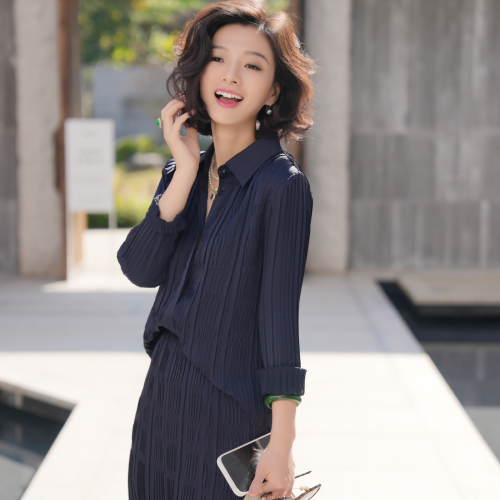 高温压褶松紧高腰衬衣半裙套装女