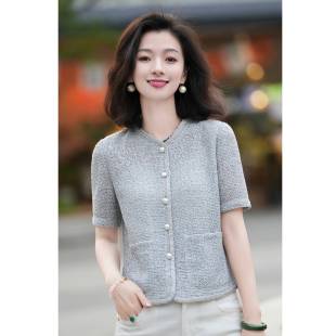 西子/【银丝小香】亚麻小香风圆领薄款短袖开衫短外套女/WTHC387