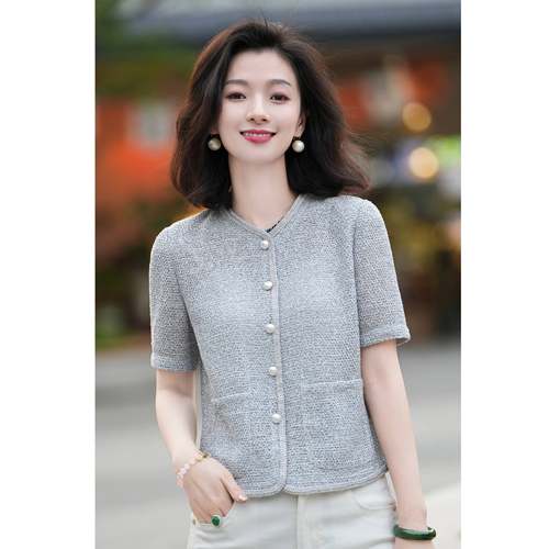 小香风圆领薄款短袖开衫短外套女