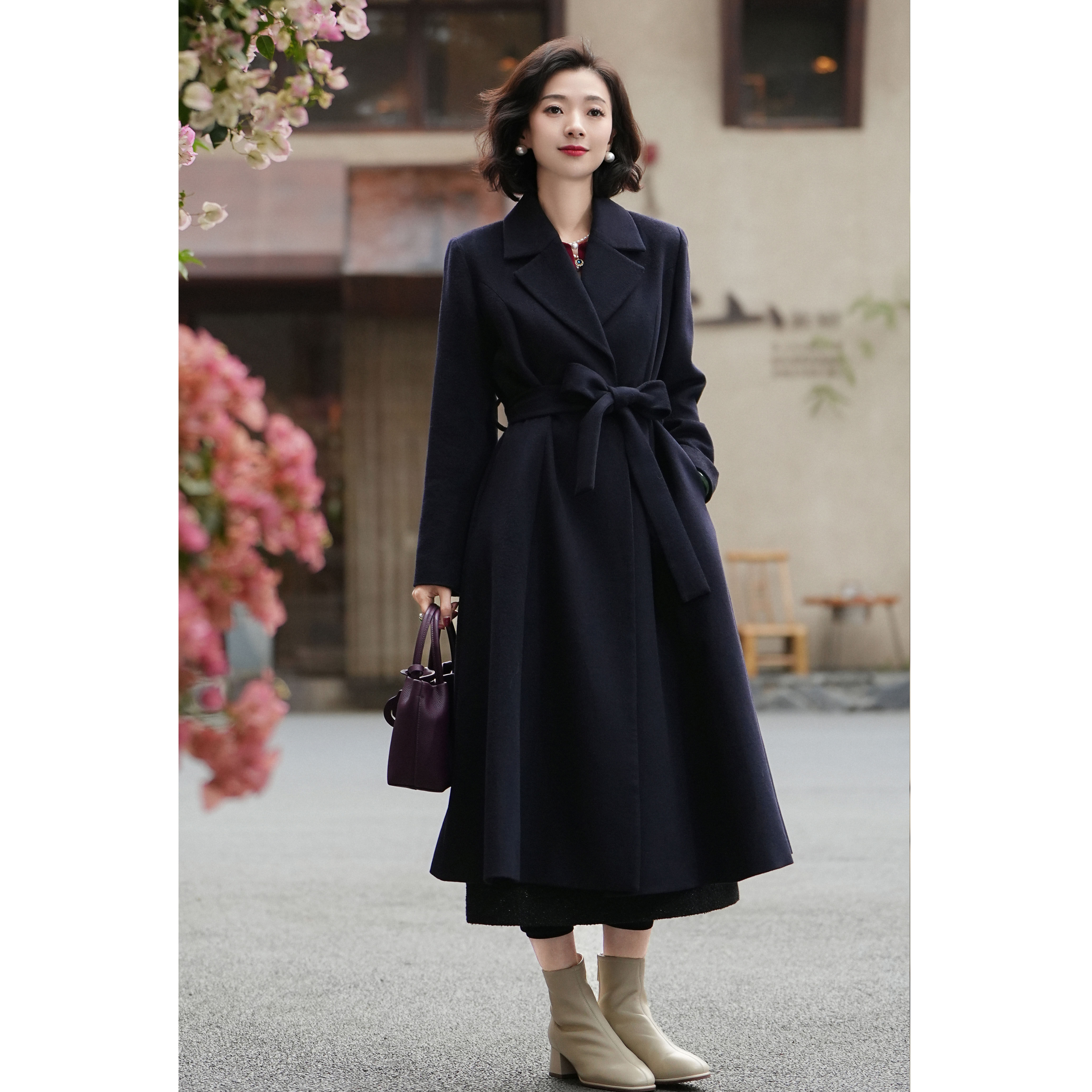 玉西子/【画报女郎】羊绒绵羊毛单面昵系带大衣外套/DYHC090