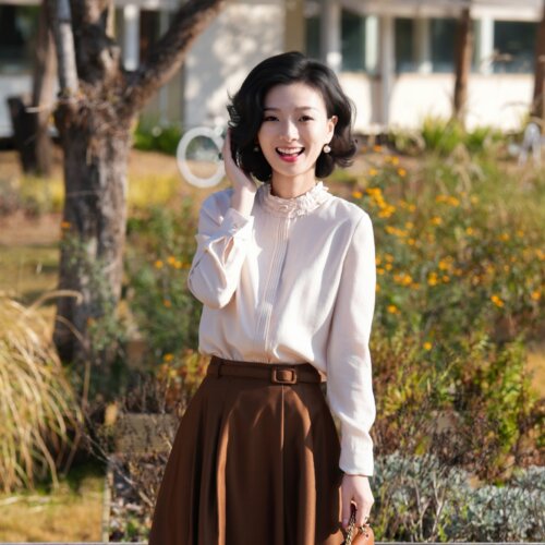 醋酸桑蚕丝莫代尔木耳边立领上衣