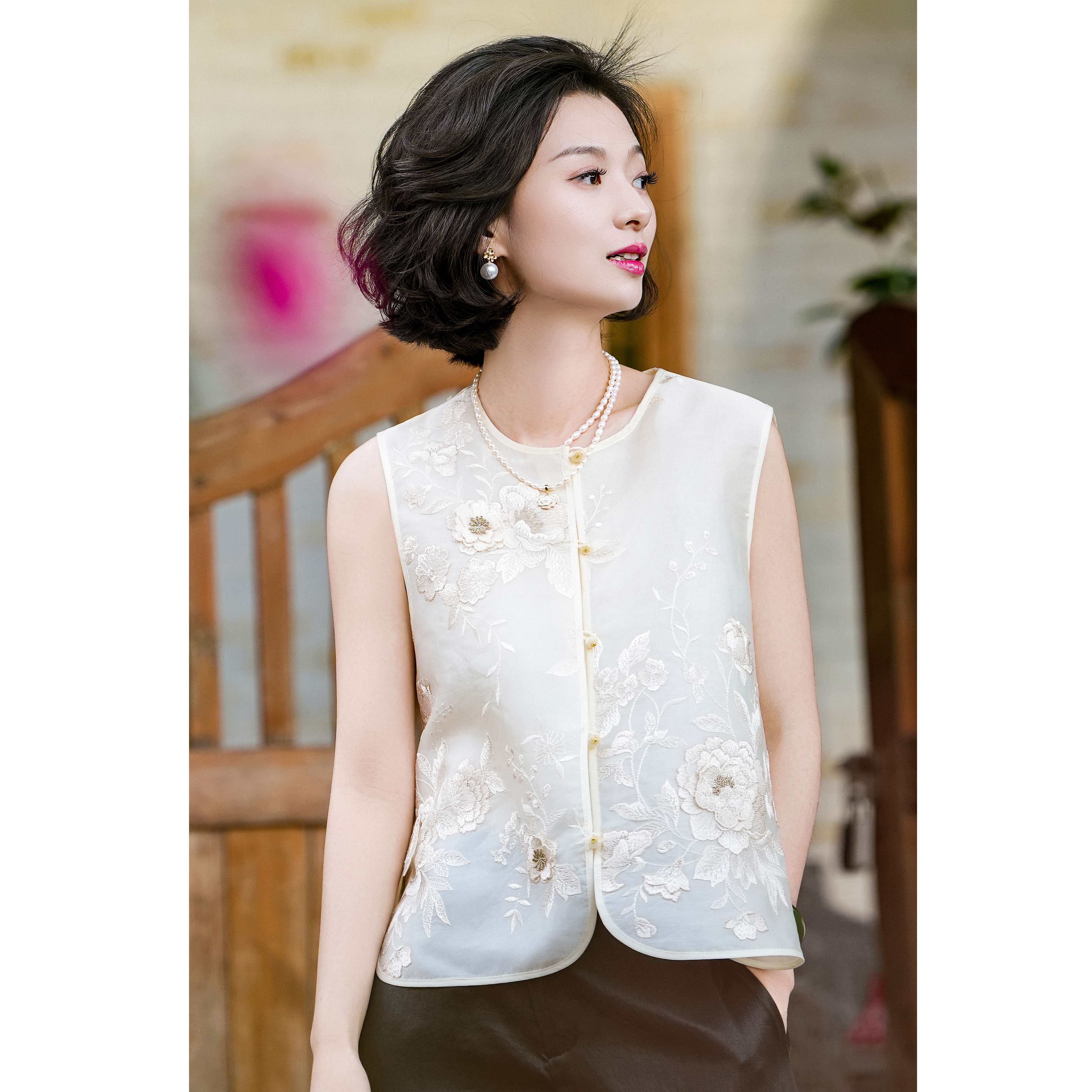 西子/【牡丹马甲】新中式重磅桑蚕丝段牡丹刺绣坎肩马甲/MJZY172